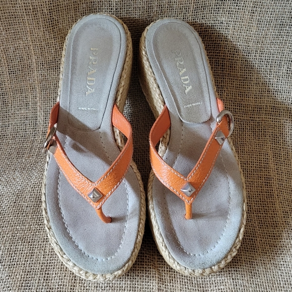 PRADA Orange Leather Thong Straps Weave Platform Sandals Size 35.5 - Picture 2 of 9